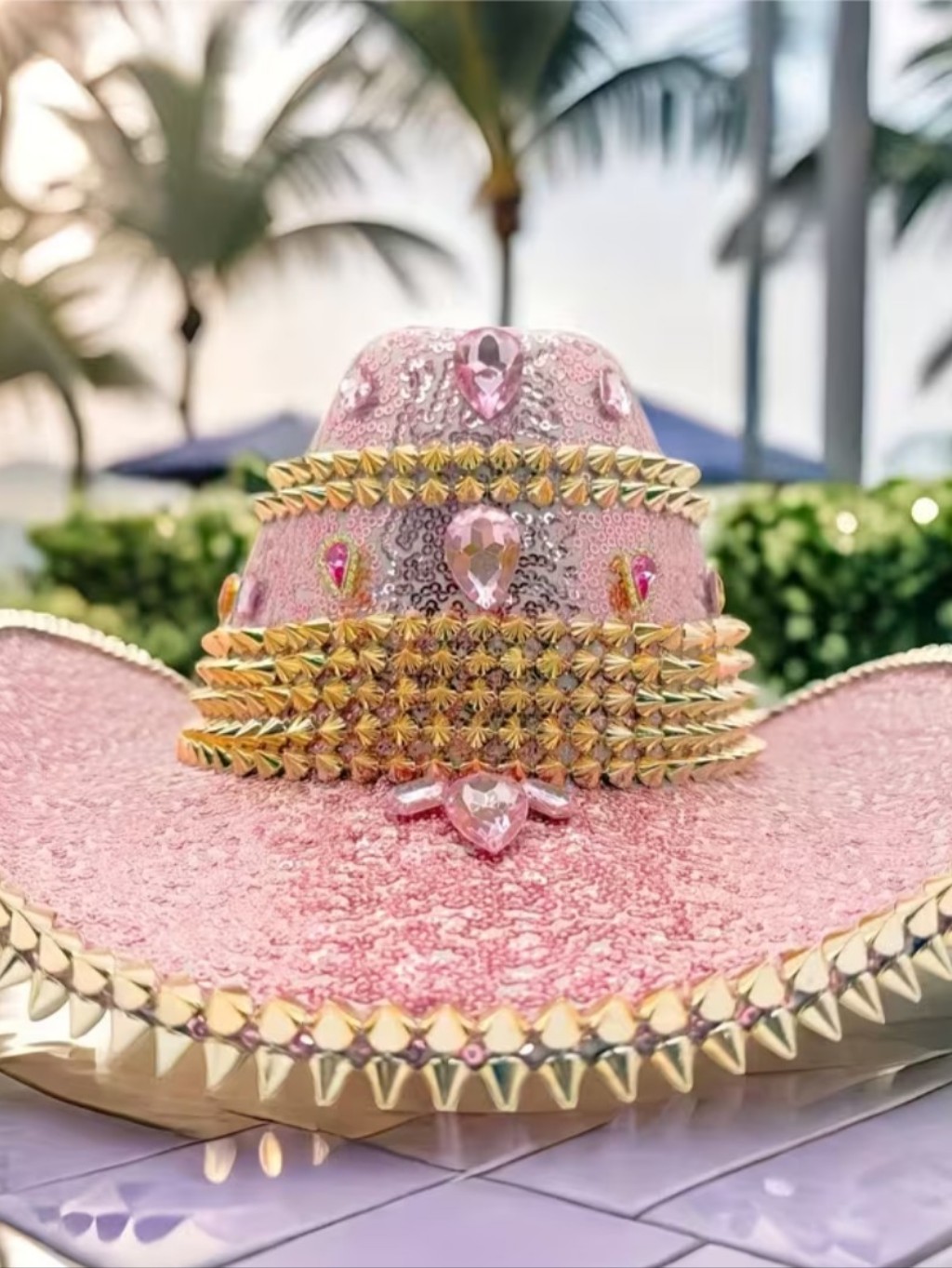Sequined Pink Cowboy Hat With Gold Stud Accents - Women Accessories